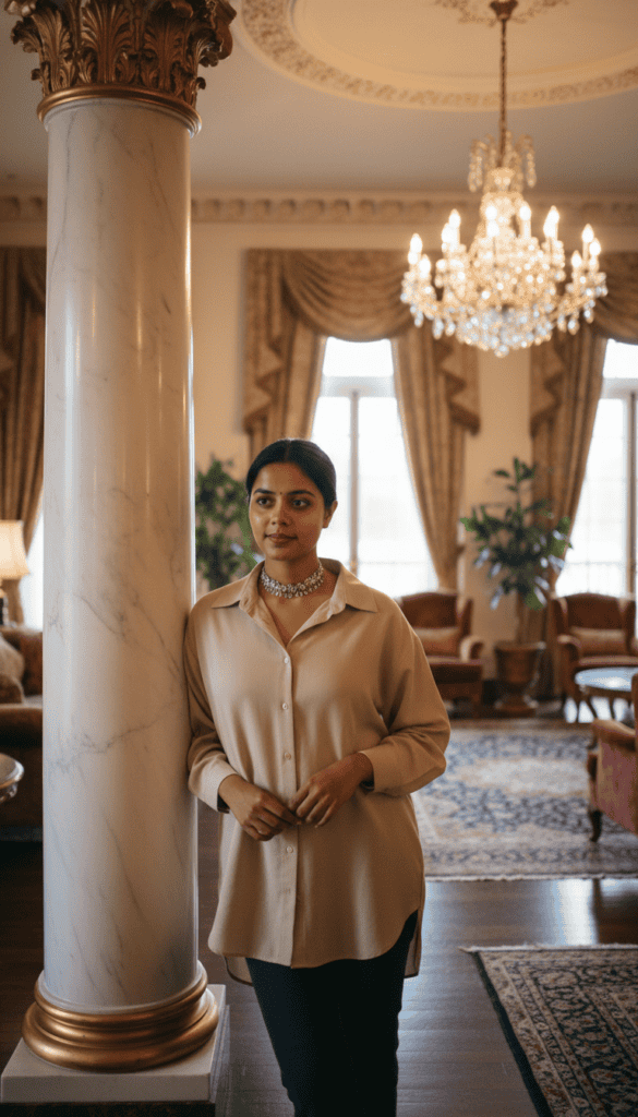 Stylish woman wearing a full-sleeve top in an opulent interior setting.