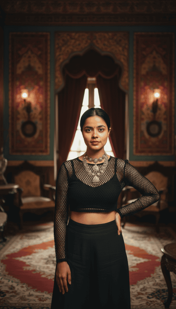 Stylish black full sleeves top with netted design, perfect for Indian women’s fashion 2026.