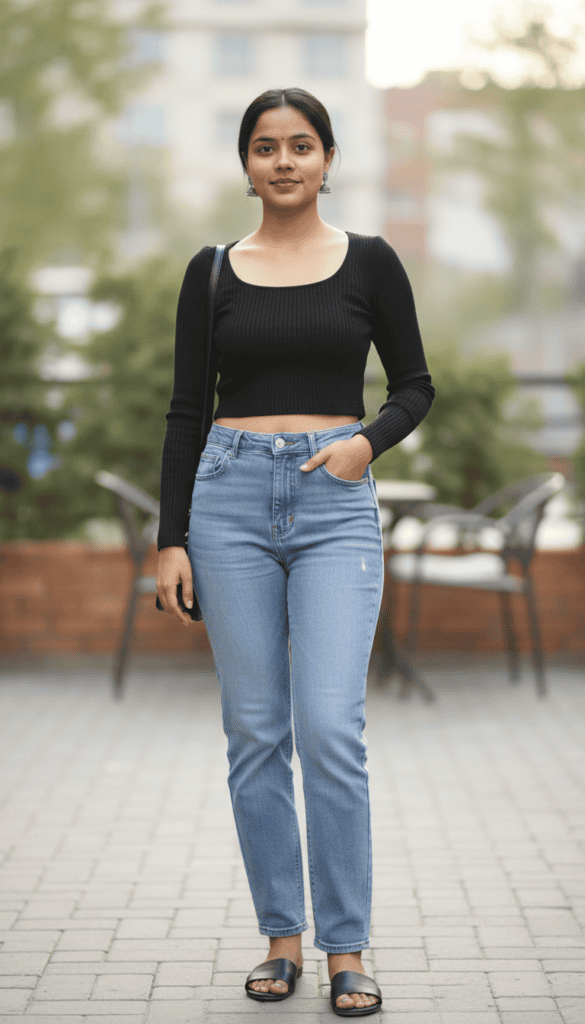 Woman wearing black full sleeves crop top and jeans outdoors.