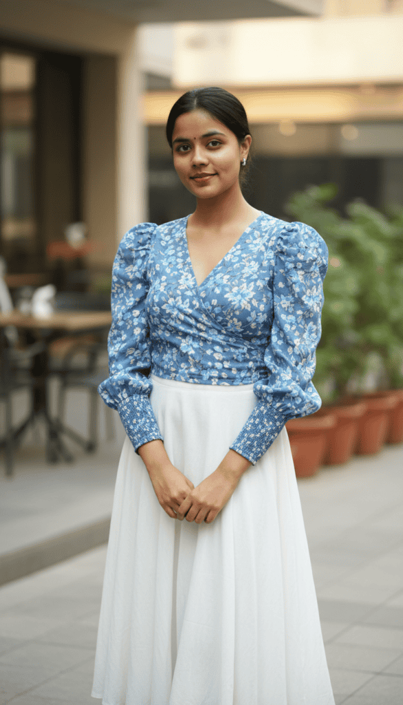 Blue floral full sleeves top for women from Meesho.