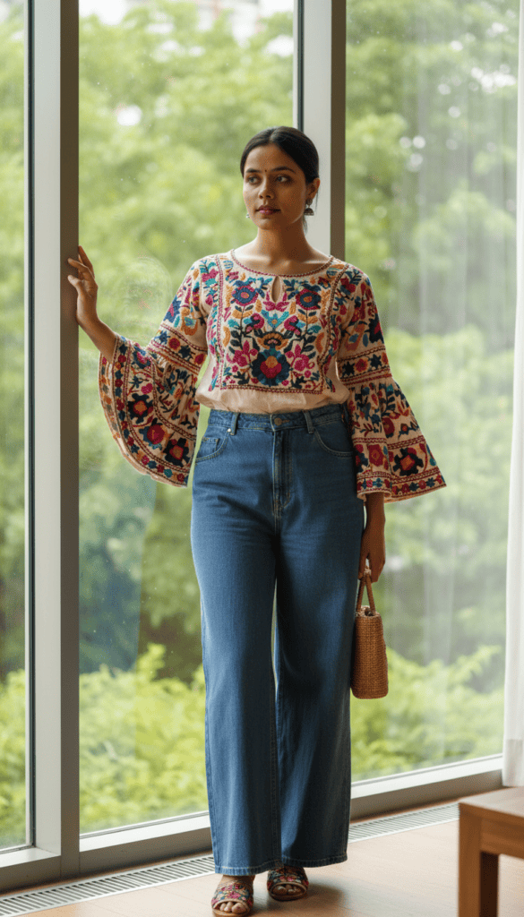 Woman wearing colorful embroidered full sleeves top with jeans indoors.