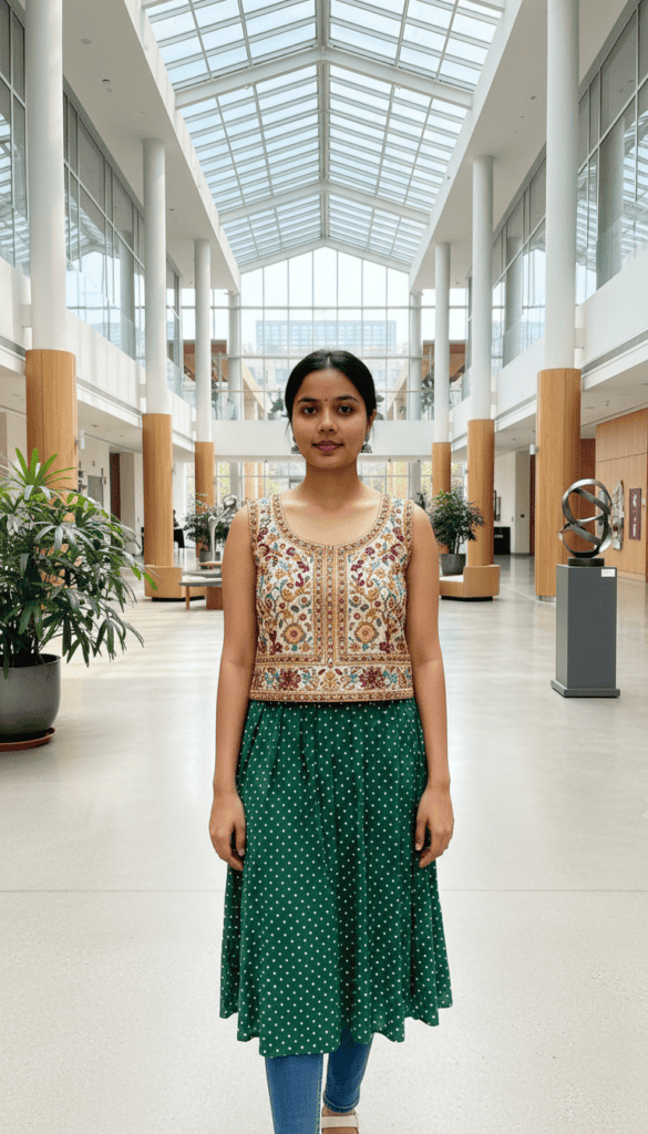 Woman wearing a colorful full sleeves top and green skirt in a modern mall setting.
