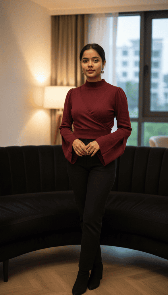 Woman wearing a maroon full sleeves top indoors, stylish and comfortable.