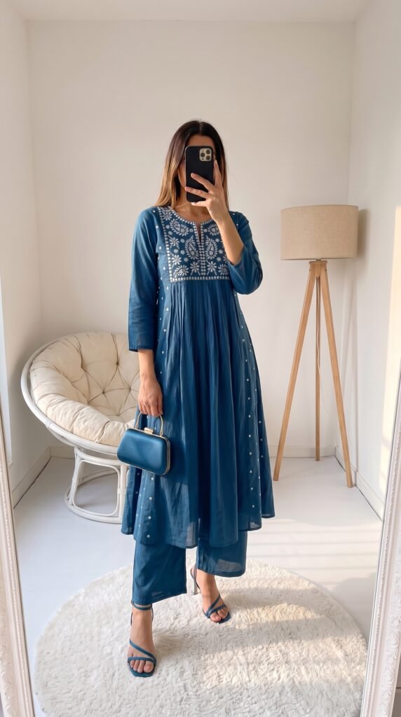 Myntra 12 Kurta Set with Trousers: Best Picks for Effortless Ethnic Style Women's Outfit Ideas Indo Era Ethnic Motifs Embroidered Empire Thread Work Cotton Kurta with Trousers – Best Empire-Cut Silhouette