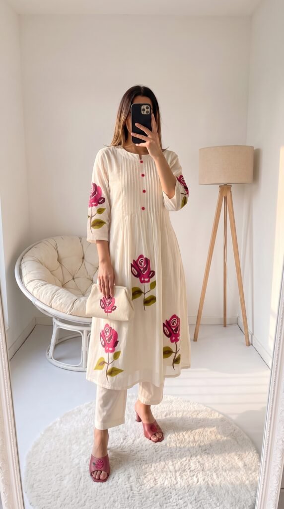 Myntra 12 Kurta Set with Trousers: Best Picks for Effortless Ethnic Style Women's Outfit Ideas Indo Era Floral Printed Regular Thread Work Cotton Kurta with Trousers – Best Print-and-Embroidery Combo