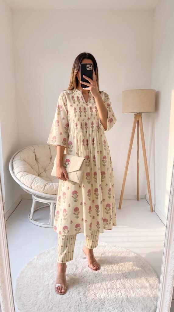 Myntra 12 Kurta Set with Trousers: Best Picks for Effortless Ethnic Style Women's Outfit Ideas Libas Floral Printed A-Line Kurta with Trousers – Best Classic A-Line Fit