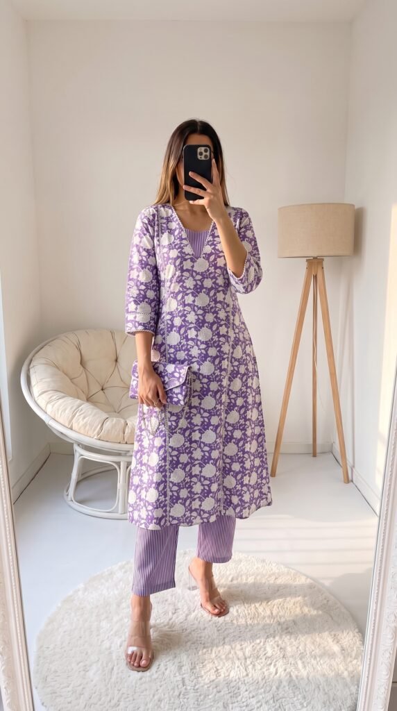 Myntra 12 Kurta Set with Trousers: Best Picks for Effortless Ethnic Style Women's Outfit Ideas Libas Floral Printed Panelled Thread Work Cotton Kurta with Trousers – Best Panelled Silhouette