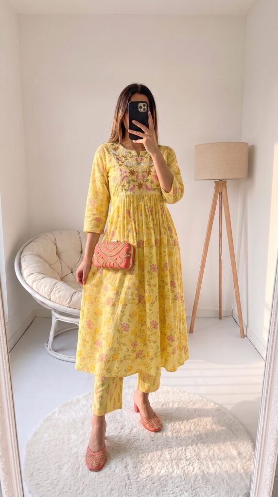 Myntra 12 Kurta Set with Trousers: Best Picks for Effortless Ethnic Style Women's Outfit Ideas Libas Floral Printed Pleated Thread Work Kurta with Trousers – Best Festive-Ready Pick