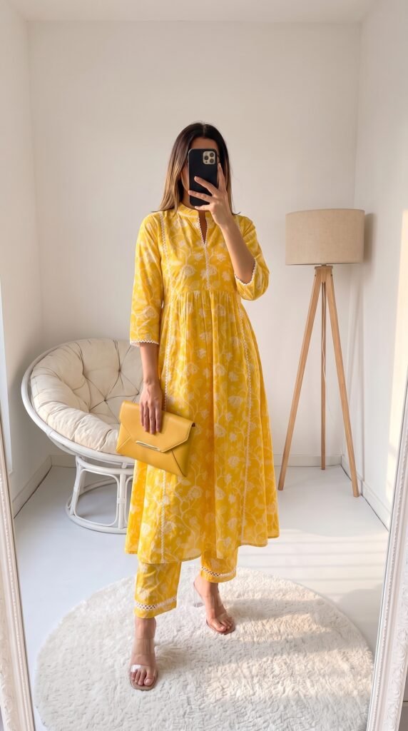Myntra 12 Kurta Set with Trousers: Best Picks for Effortless Ethnic Style Women's Outfit Ideas Libas Floral Printed V-Neck A-Line Kurta with Trousers – Best V-Neck Flattering Cut
