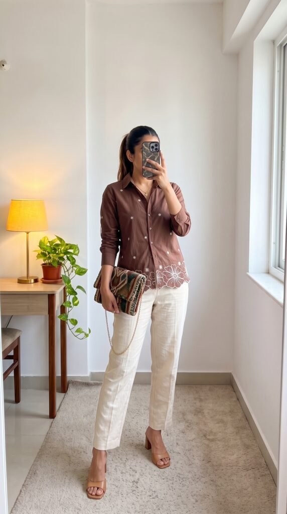 Best Casual Shirts for Women That Fit Well | Hotoffers4u Women's Outfit Ideas VINCHIC Cotton Embroidered Shirt (Brown) – Best Warm-Toned Casual Shirt for Women